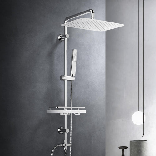 Görbach Duschsystem Regendusche mit Ablage Chrom 35x25cm. Chromfarben, rechteckige Regendusche und Ablage zur Körperpflege.