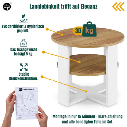 defiPad Couchtisch rund Eiche Ø 53 cm mit Ablage, 2 Ebenen