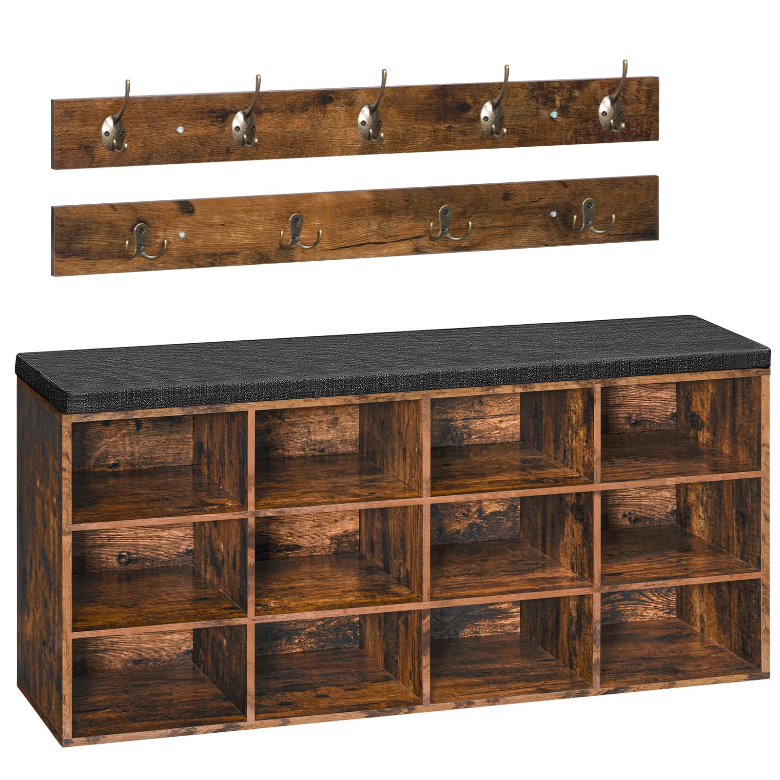 HOOBRO Garderobe Schuhbank Set - Vintagebraun EBF112HX01G1. Vintagebraunes Hall Tree mit Kleiderhaken und integrierter Sitzbank mit Schuhablage für den Flur.