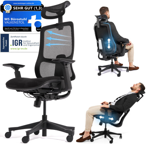 VALKENSTOL M5 Ergonomischer Bürostuhl Testsieger für Grosse. Schwarzer Stuhl mit hoher Lehne, Armlehnen. Ergonomisches Sitzen am Arbeitsplatz.