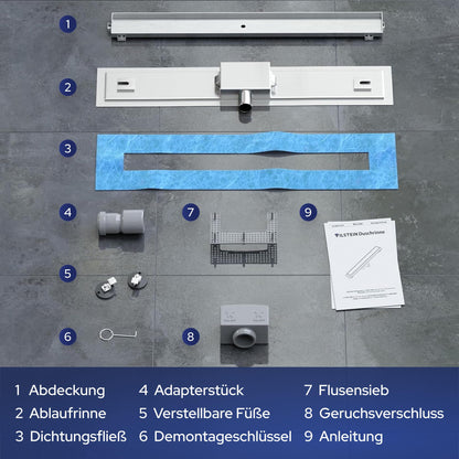 VILSTEIN Duschrinne 80 cm befliesbar Edelstahl Bodenablauf extra flach