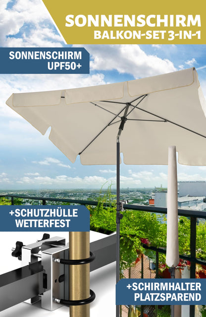 Menz Sonnenschirm Balkon Set rechteckig UPF 50+ mit Halterung Beige