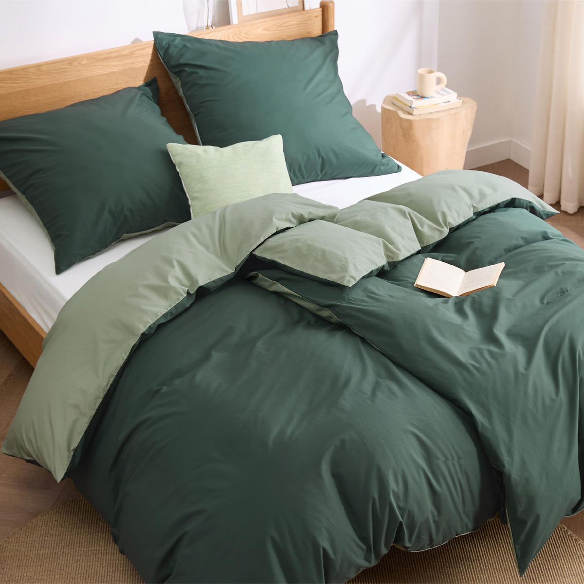 Bedsure Wendebettwäsche 135x200 Baumwolle 4teilig Salbeigrün, zweifarbig mit Kissenbezügen 80x80