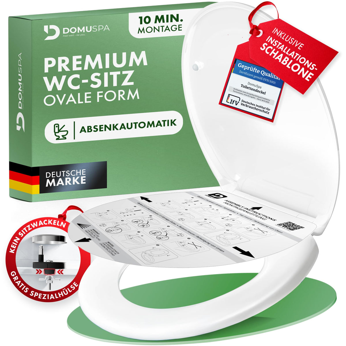DomuSPA WC-Sitz mit Absenkautomatik, antibakteriell, Quick-Release, ovaler Toilettendeckel aus Urea-Duroplast in Weiss