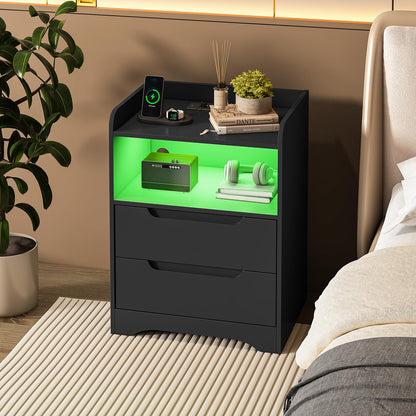 Brinlawb Nachttisch 2er Set mit Ladefunktion & LED, Schwarz