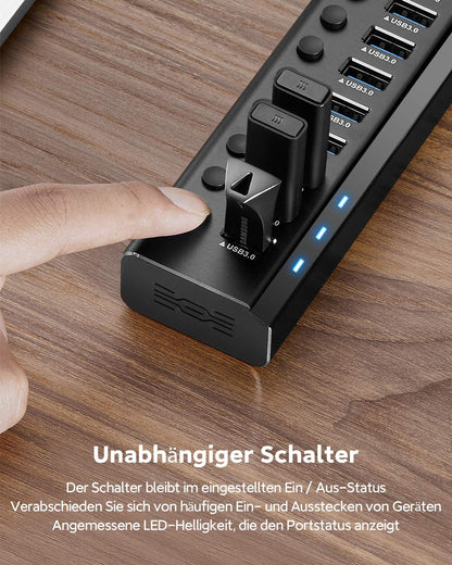 RSHTECH USB 3.0 Hub aktiv 10-Port Aluminium mit 36W Netzteil, RSH-A10
