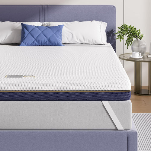 BedStory Gel Memory Foam Matratzentopper 10cm 160x200cm H3/H4. Rechteckige, weiß-hellblaue Matratzenauflage zur komfortablen Druckentlastung.