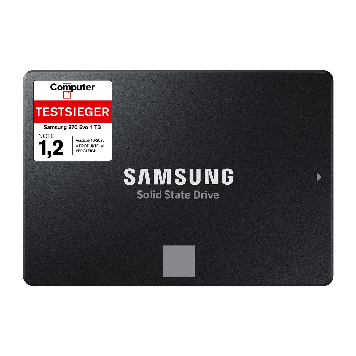 Samsung 870 EVO SATA III Interne SSD 2,5 Zoll, 1 TB - MZ-77E1T0B/EU. Rechteckige, schwarze interne SSD zur schnellen Datenspeicherung in PCs.
