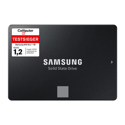 Samsung 870 EVO SATA III Interne SSD 2,5 Zoll, 1 TB - MZ-77E1T0B/EU. Rechteckige, schwarze interne SSD zur schnellen Datenspeicherung in PCs.