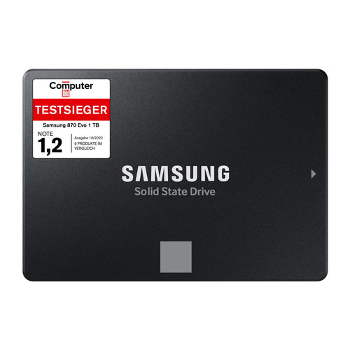 Samsung 870 EVO SATA III Interne SSD 2,5 Zoll, 1 TB - MZ-77E1T0B/EU. Rechteckige, schwarze interne SSD zur schnellen Datenspeicherung in PCs.