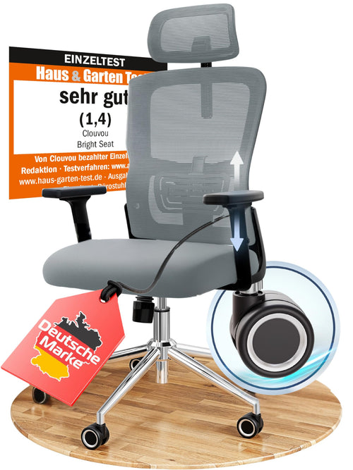 CLOUVOU BrightSeat ergonomischer Bürostuhl mit Wippfunktion, 150 kg, Mesh-Rückenlehne und Kopfstütze