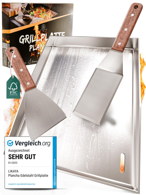 LIKAYA® Plancha Grillplatte Edelstahl - 30x40cm mit Spachtelset: Rechteckige Edelstahl-Platte zum Braten und Garen auf dem Grill.