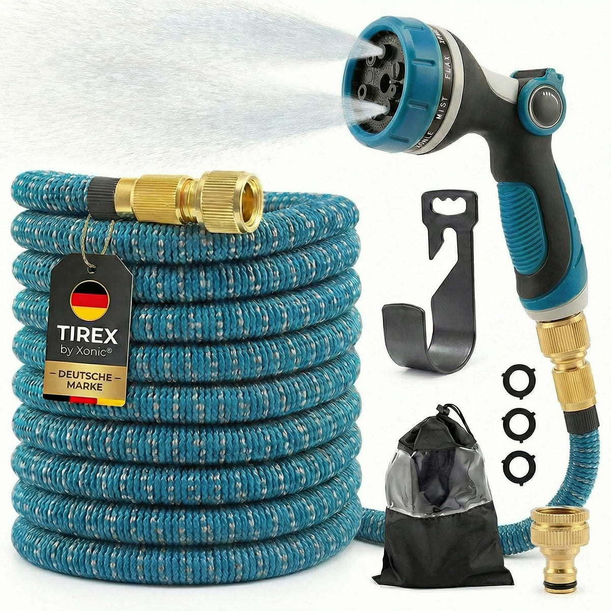 Xonic Tirex Flexibler Gartenschlauch 30 m mit 10 Strahlarten, Blau – Textilschlauch mit Handbrause