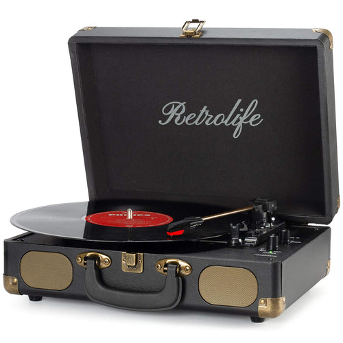 Vintage Koffer Plattenspieler – Bluetooth Vinyl, 3-Gang. Koffergerät, spielt Schallplatten mit 3 Geschwindigkeiten und streamt via Bluetooth.