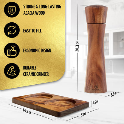 BUTLERBELL® Salz- & Pfeffermühlen Set Holz mit Untersetzer