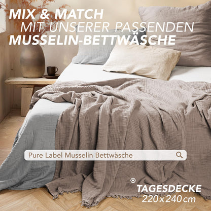Pure Label Musselin Tagesdecke 220 x 240 cm aus Baumwolle in Taupe