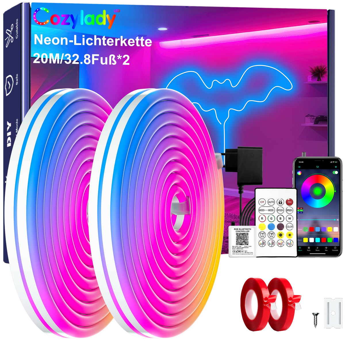 Cozylady RGB Neon LED Streifen 20 m, 24 V, mit App und Fernbedienung, flexibel und wasserdicht