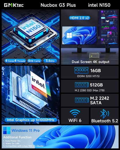 GMKtec G3 Plus N150 Intel Mini PC - 16GB RAM 512GB NVMe SSD