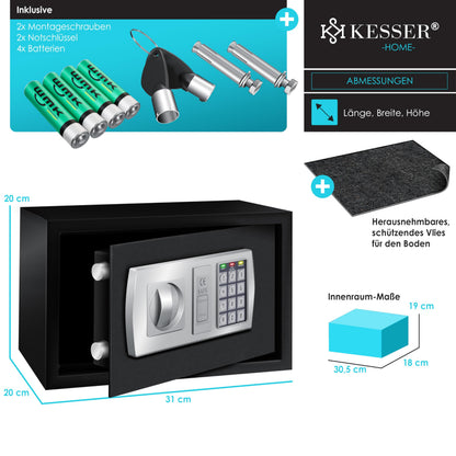 KESSER Elektronischer Tresor 31 x 20 x 20 cm Wandtresor Schwarz