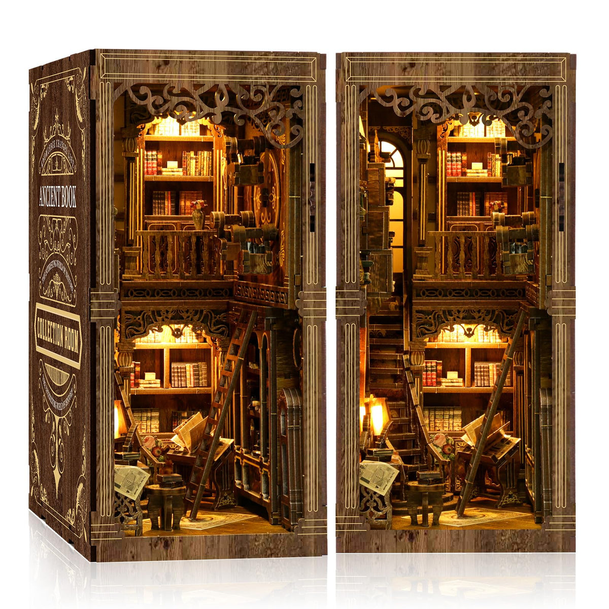 Cuiwos Book Nook Bausatz Klassische Edition mit LED-Beleuchtung: Miniatur-Bücherzimmer aus Holz als Buchstütze
