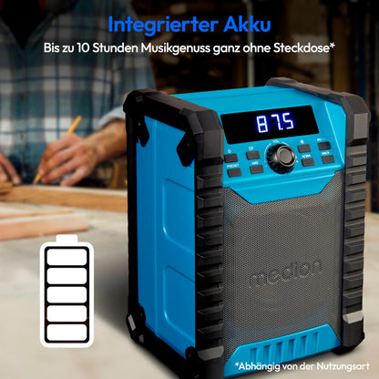 MEDION E65895 Baustellenradio mit Akku, Bluetooth, UKW, IP54, grün