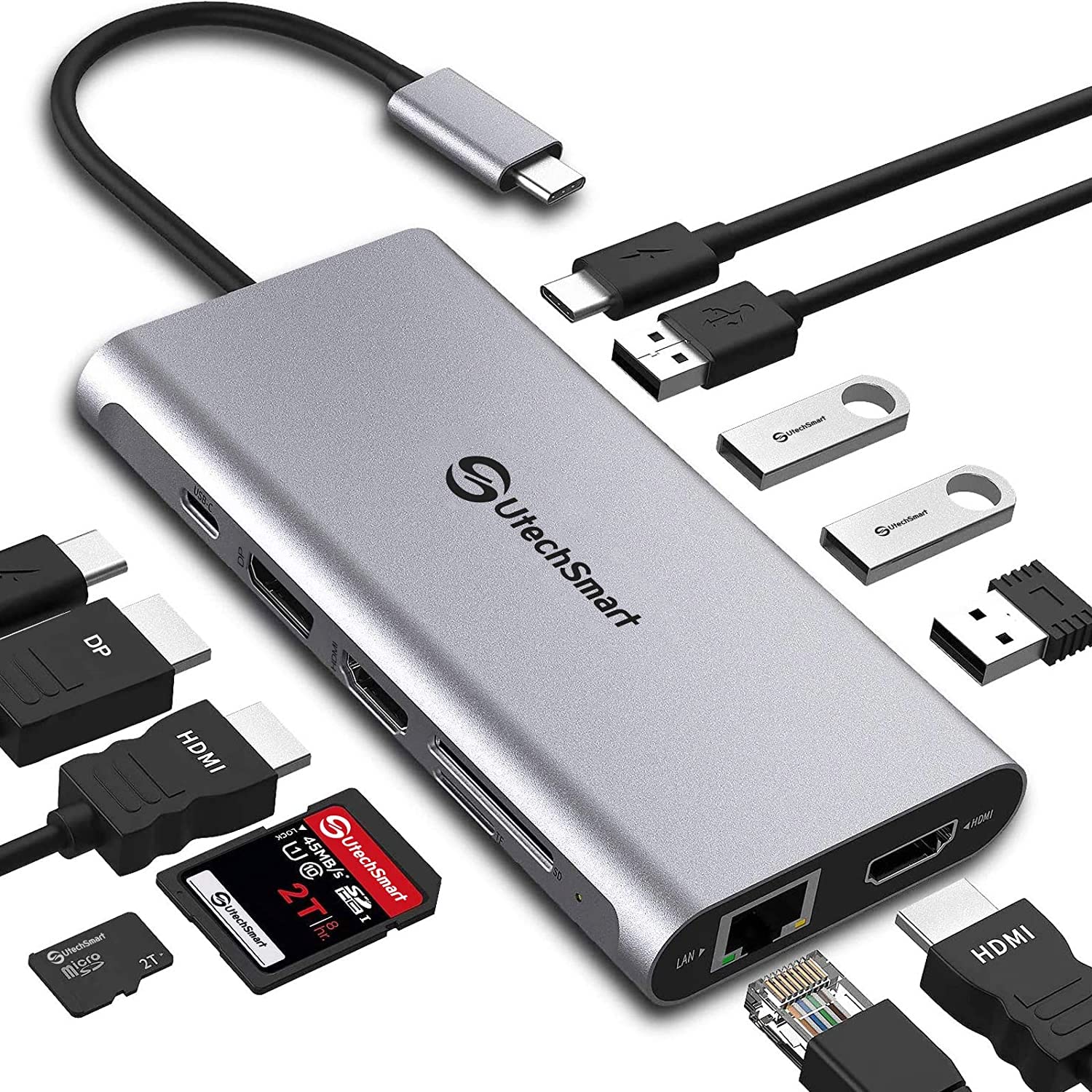 UtechSmart Triple Display 12 in 1 USB C Docking Station. Schwarzer Block. Erweitert USB-C Laptops um drei Monitore und Peripherie.