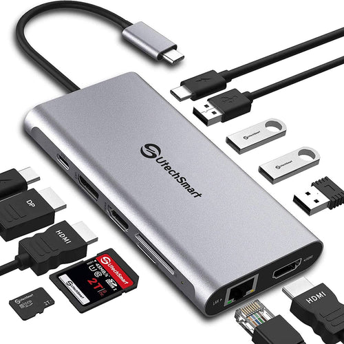 UtechSmart Triple Display 12 in 1 USB C Docking Station. Schwarzer Block. Erweitert USB-C Laptops um drei Monitore und Peripherie.