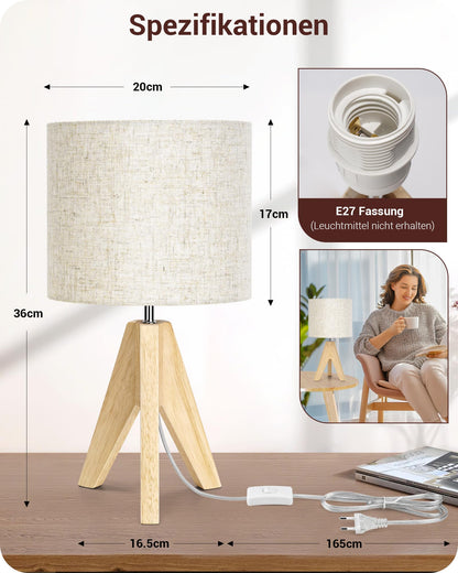 EDISHINE LED Nachttischlampe Holz 2er Set mit beigem Leinenschirm