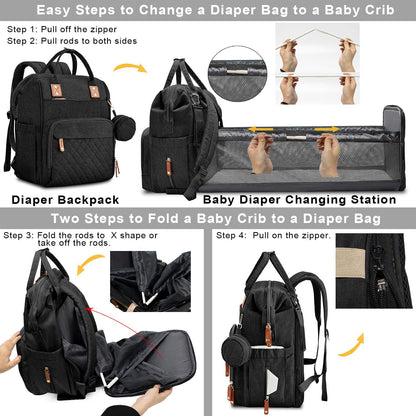 Fexkean Wickelrucksack mit Kinderbett und Wickelauflage, schwarz