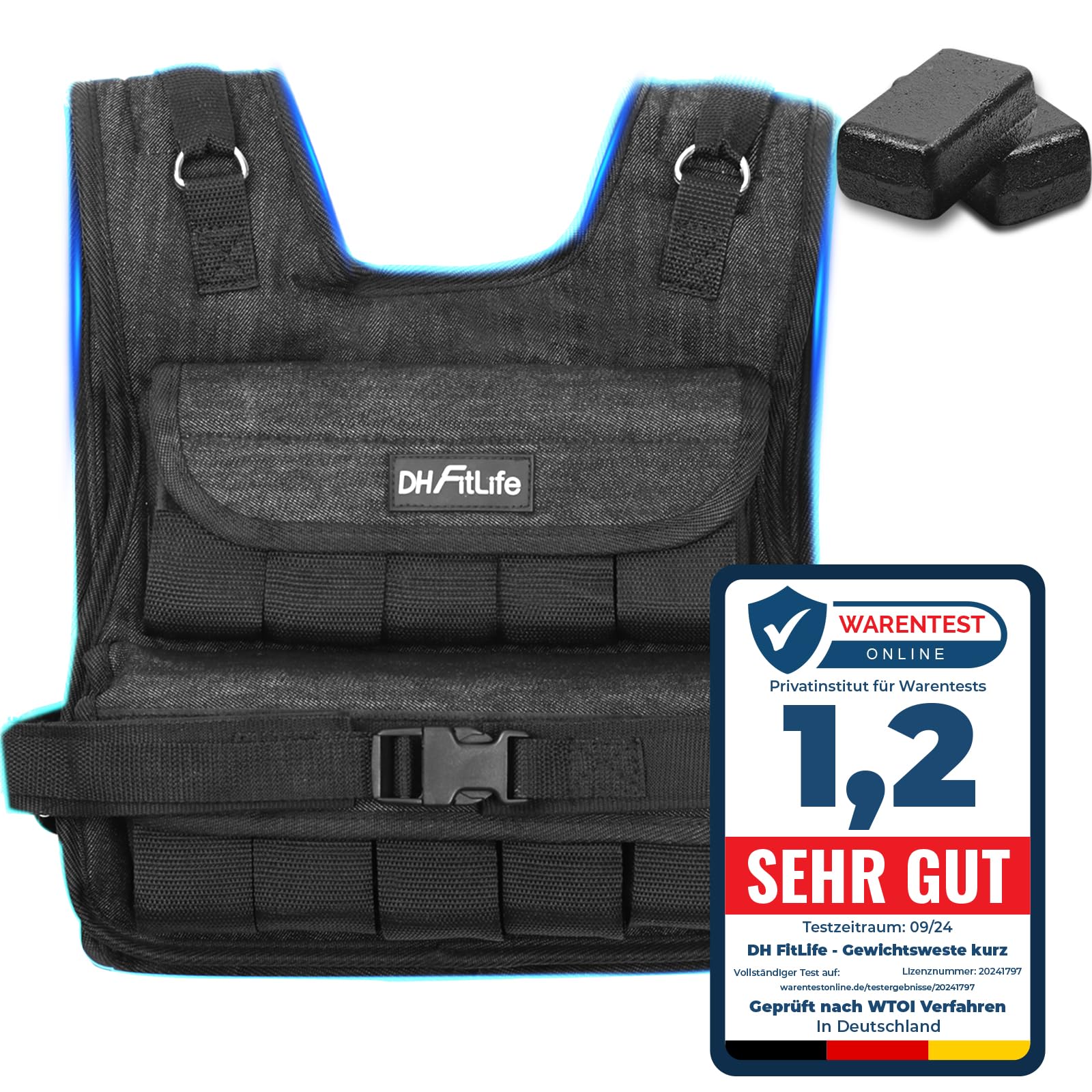 DH FitLife Verstellbare Gewichtsweste Fitnessweste – 20kg. Schwarze Weste mit Gewichten. Intensiviert Bodyweight- & Cardio-Training.