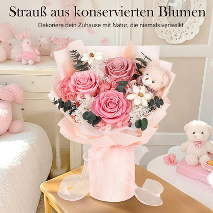 MAMAMIKO Konservierter Rosenstrauss mit Bär, 3 Infinity Rosen rosa