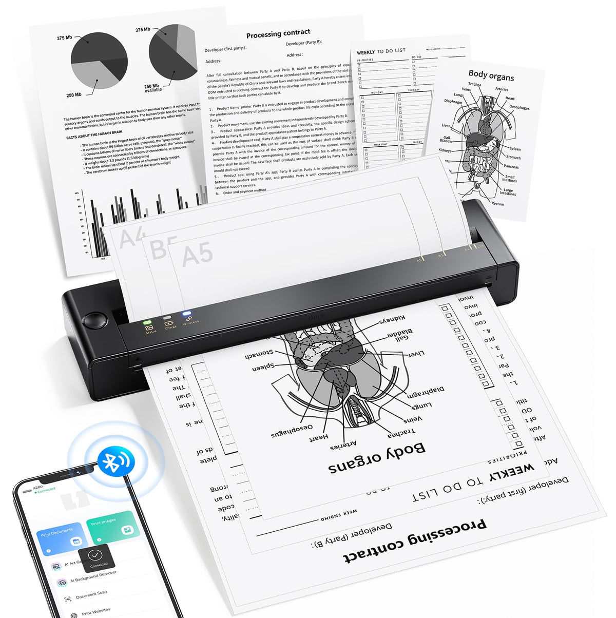 TATTMUSE Thermodrucker A28U, mobiler Bluetooth-Drucker für A4, A5 und B5
