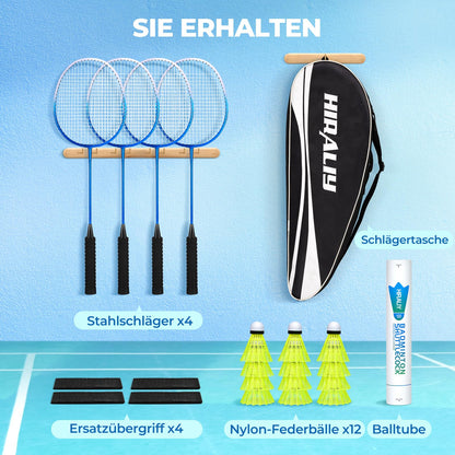 HIRALIY Badmintonschläger Set HR-BRS-4, 4 Schläger & 12 Federbälle