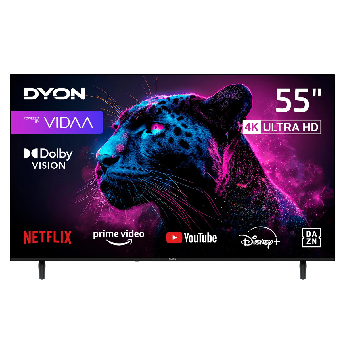 DYON Movie Smart 55 VX-2 4K UHD Smart TV mit 55 Zoll Bildschirm, rechteckig, schwarz. Zeigt 4K-Inhalte an und bietet Smart TV-Funktionen.