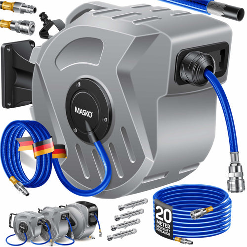 MASKO® Automatik Druckluftschlauch Aufroller 20m - Schlauchtrommel. Kompakte, automatische Trommel für Wandmontage in Werkstatt.