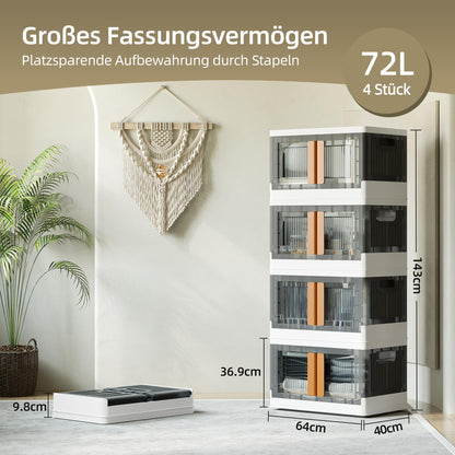 NETEL Stapelbox Set 72L, 4x – Durchsichtig, Faltbar mit Tür & Rollen