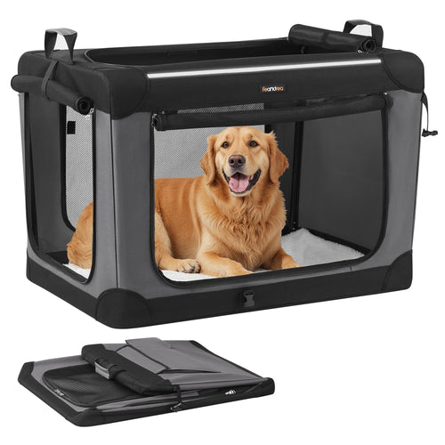 Feandrea Hundebox faltbar, Transportbox für grosse Hunde, schwarz – Oxford-Gewebe mit vier Netztüren