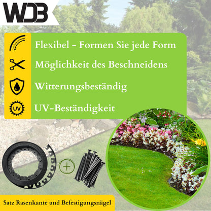 WDB Flexible Rasenkante aus Kunststoff, 20 m, schwarz, inkl. 40 Nägel