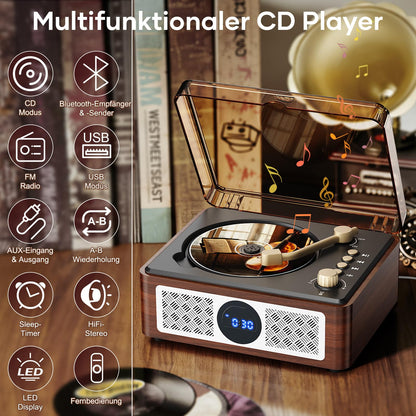 Lehwey Retro CD-Player mit Bluetooth, UKW-Radio und Lautsprecher