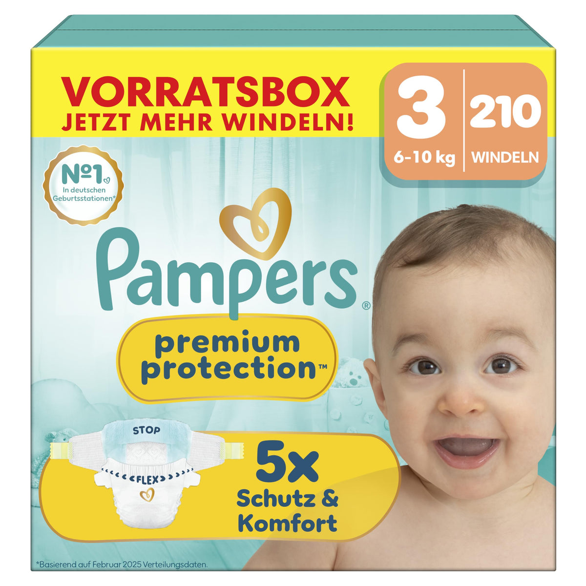 Pampers Premium Protection Windeln Grösse 3, 6–10 kg, 210 Stück mit flexiblem Bauchbündchen und Urin-Indikator