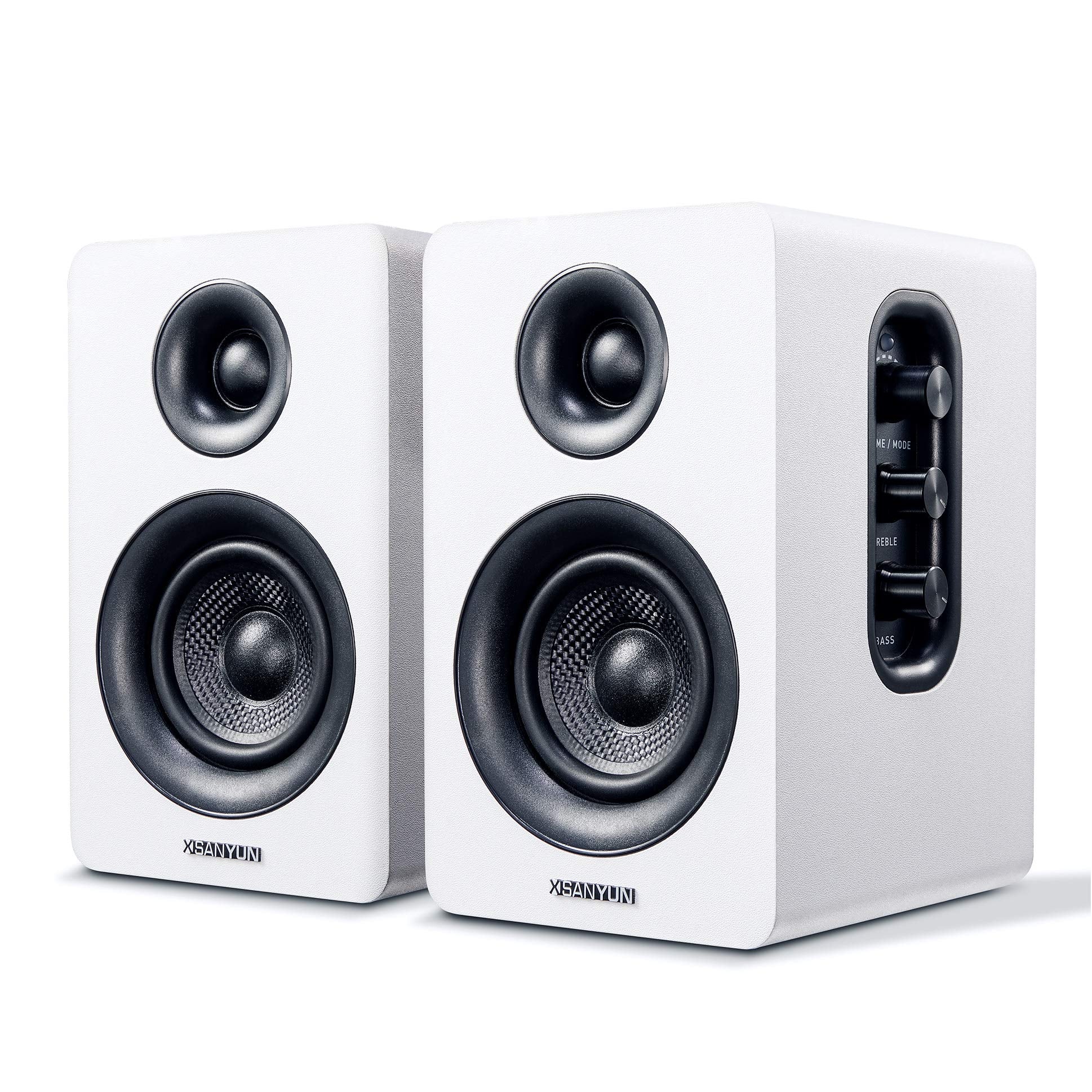 Sanyun SW208 Aktive Bluetooth Regallautsprecher – Weiss. Rechteckige, weiße Lautsprecher für kabellose Audiowiedergabe auf dem Regal.