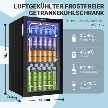 EUHOMY Getränkekühlschrank 90 L mit Glastür, schwarzer Edelstahl