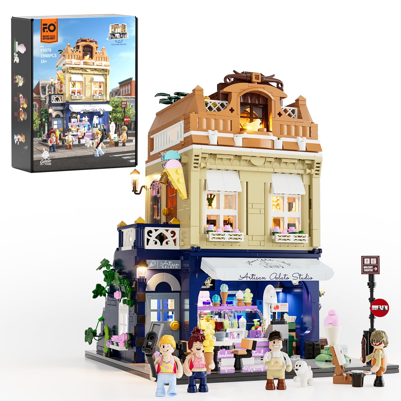 FUNWHOLE Stadtleben Eisdiele F9078 Klemmbausteine Haus mit Beleuchtung. Buntes Modellhaus mit Licht, als Diorama-Element oder Spielmodell.