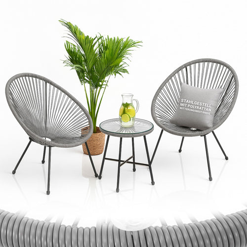 Juskys Ostana Balkonmöbel Set 3-tlg. Tisch & 2 Sessel Hellgrau. Kompaktes Set, ideal als Ess- oder Sitzplatz auf Balkonen.