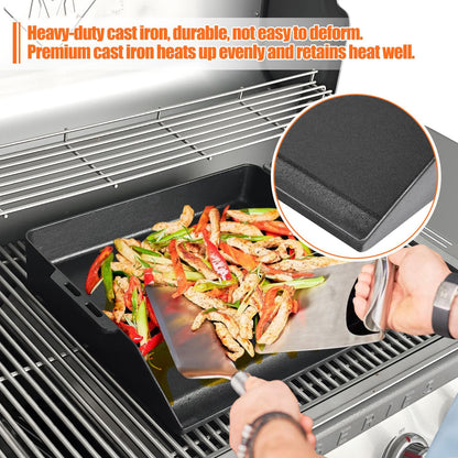 GFTIME Gusseisen Grillplatte 48 x 36 cm, Plancha mit Fettauffangrinne