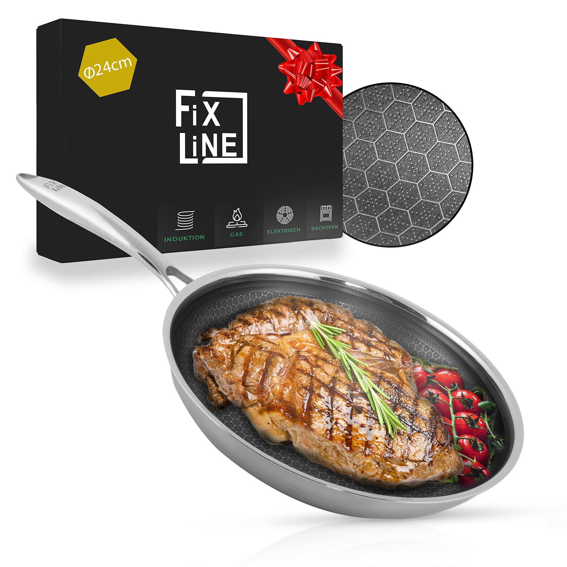 FIXLINE® Premium Wabenpfanne Ø24cm Edelstahl Induktion Antihaft: Mit Wabenstruktur für schonendes Braten auf Induktionsherden.