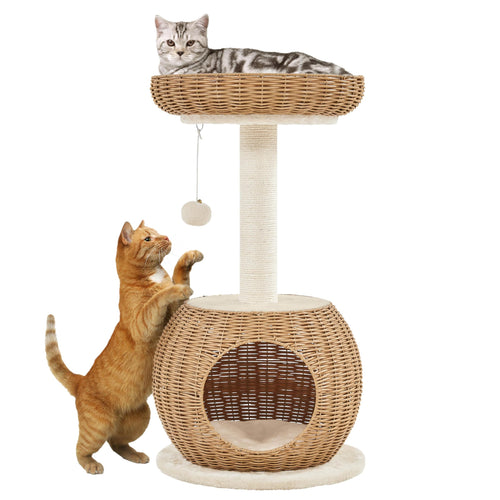 Yaheetech Katzenkratzbaum 75 cm Beige, mit Sisalstämmen, Plüschhöhle und Liegeflächen. Dient Krallenpflege und als robuster Kletterturm.