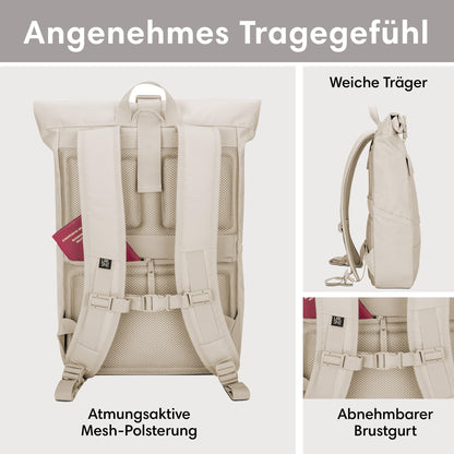 LARKSON No 4 Rolltop Rucksack Beige mit Laptopfach, wasserabweisend