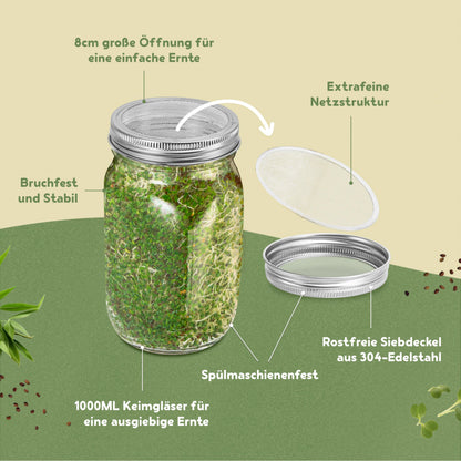 BEAR PAW Sprossenglas 2er Set 1000 ml Keimglas mit Bambushalterung