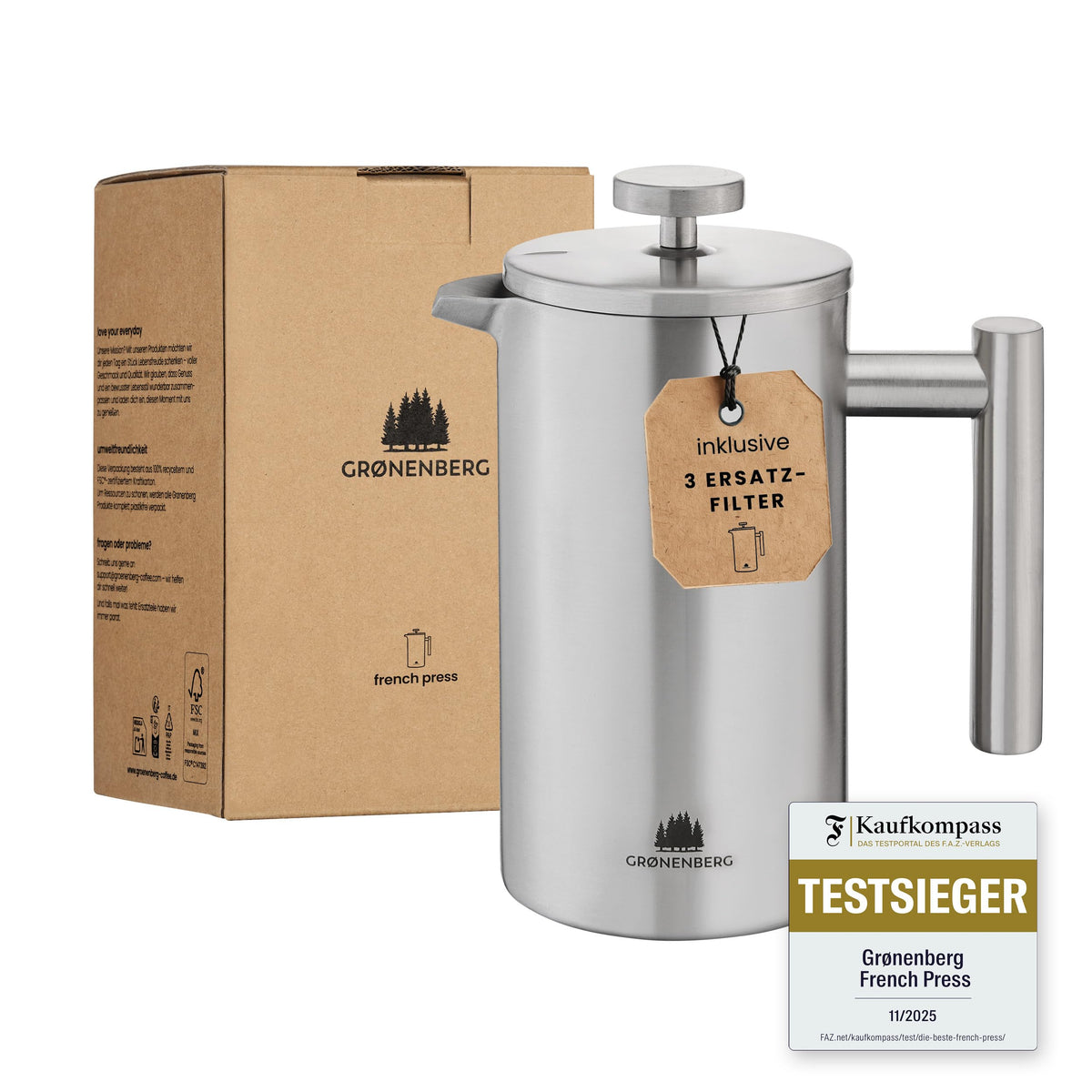 Groenenberg French Press FP-PL, Edelstahl Kaffeebereiter doppelwandig zur Kaffeezubereitung